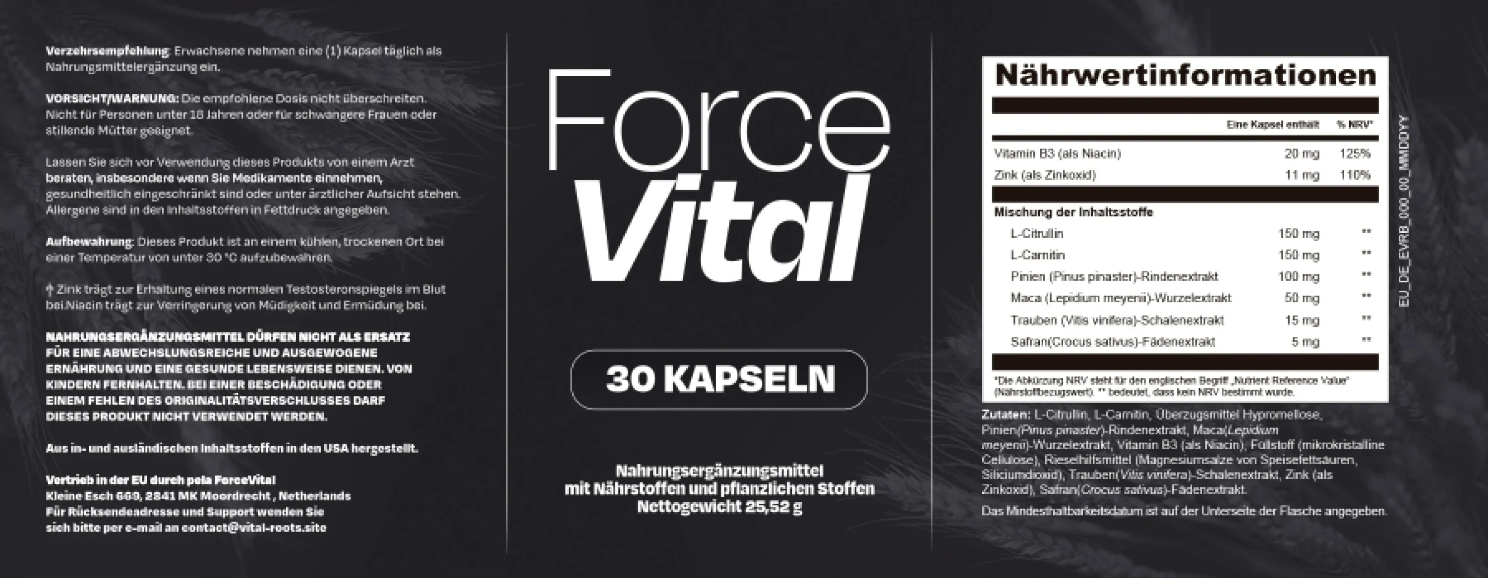 ForceVital Produktetikett mit Inhaltsstoffen
